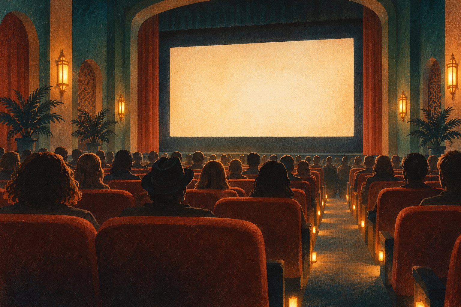 Editorial illustration of an audience facing a glowing blank screen in a warmly lit movie theater.