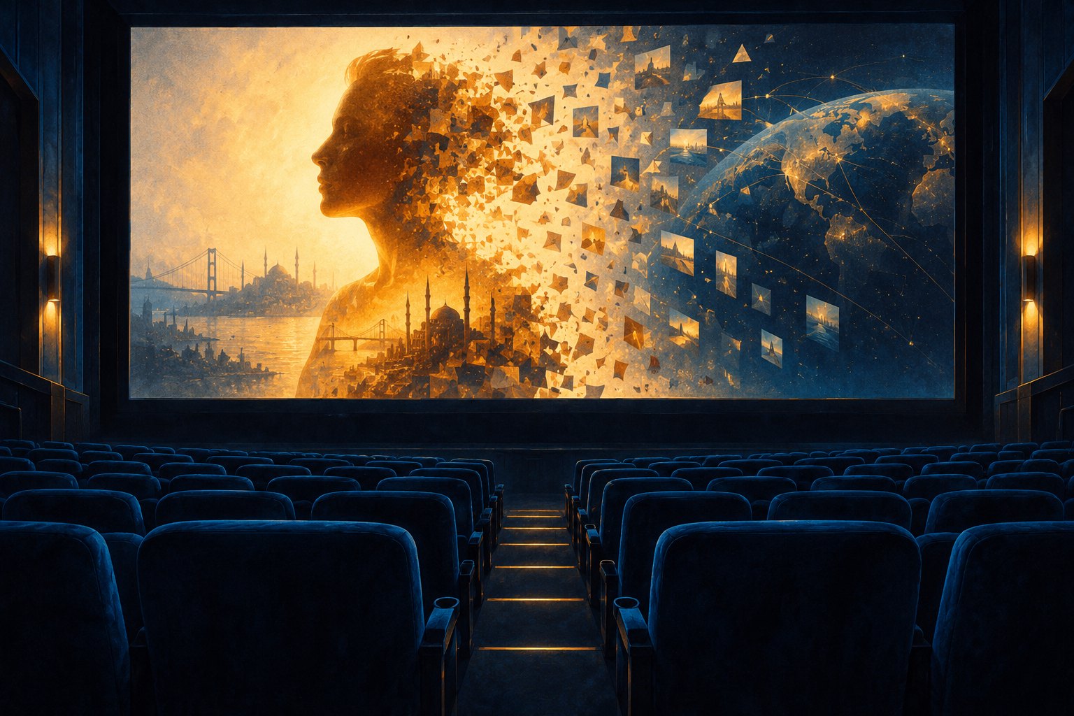Conceptual illustration of an empty blue cinema facing a screen with an amber human profile dissolving into geometric fragments.