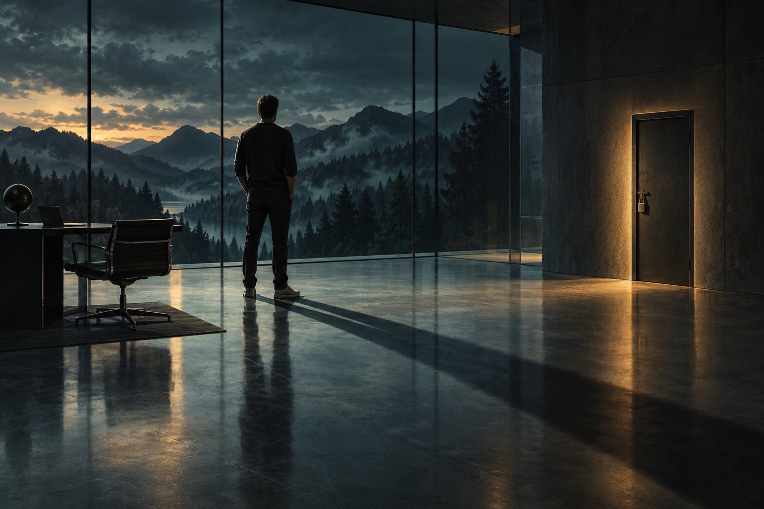 A casually dressed executive stands in a glass office overlooking forested mountains, casting a long shadow beside a closed door.