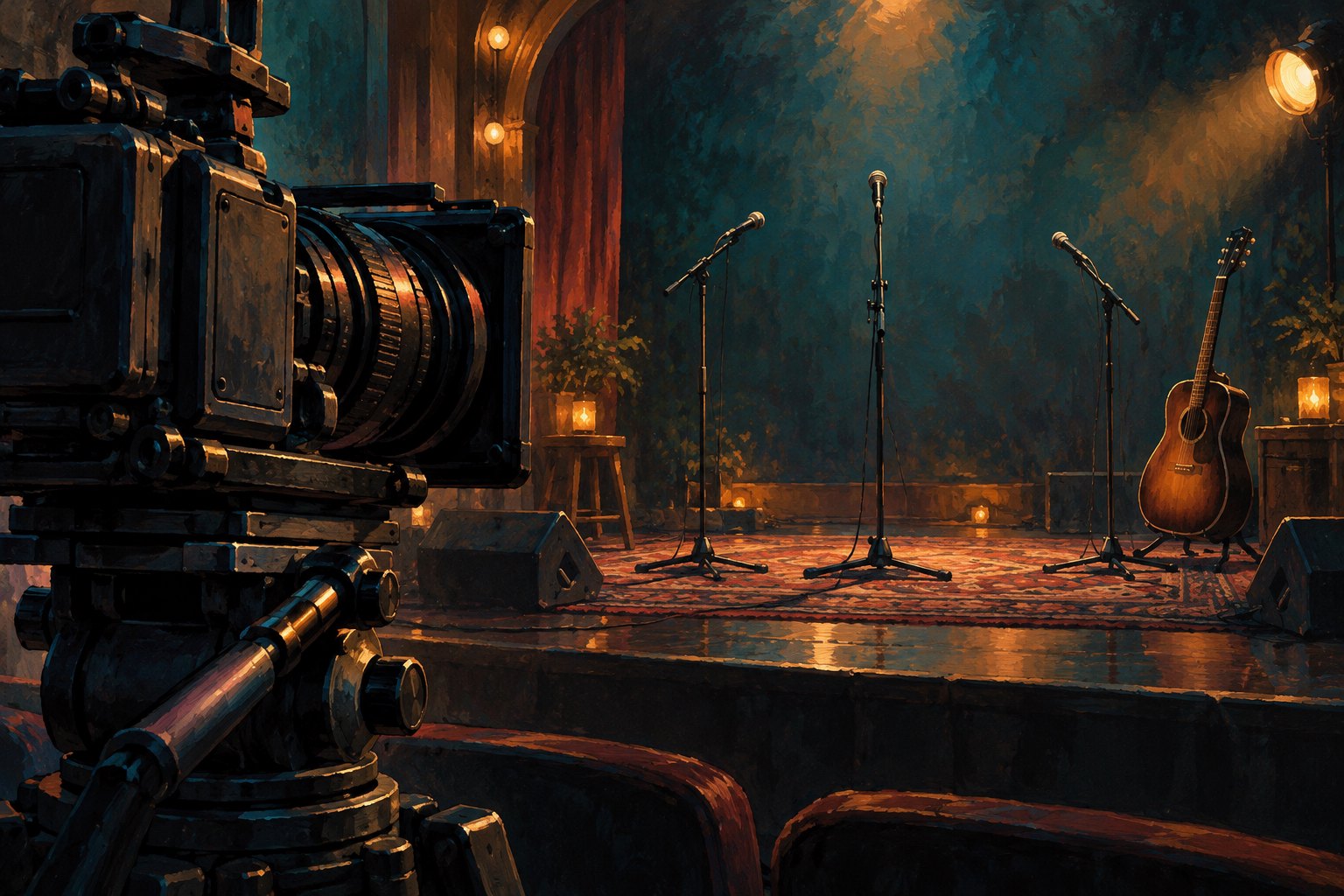 Conceptual illustration of a cinema camera facing three empty microphone stands and an acoustic guitar on a softly lit stage.
