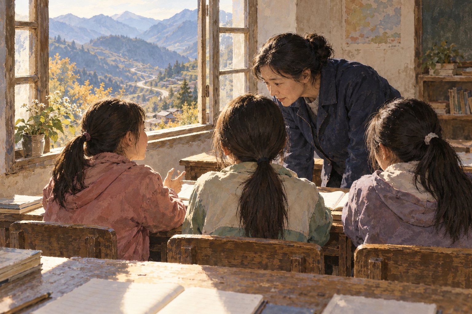 山区教育主题概念插画,非剧照:女教师俯身倾听三名学生交谈,教室窗外可见群山