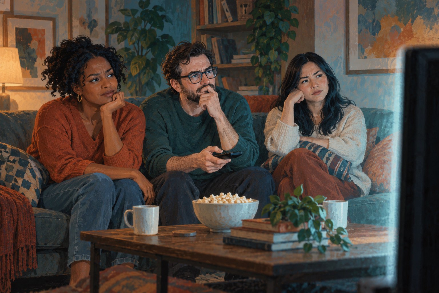 Editorial illustration of three viewers watching television with thoughtful and skeptical expressions in a softly lit living room.