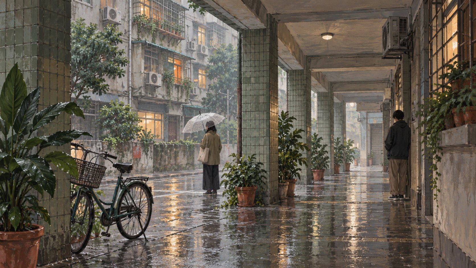雨天騎樓中的行人、腳踏車與盆栽，以日常空間呈現人物距離的原創情境插畫，非電影劇照。