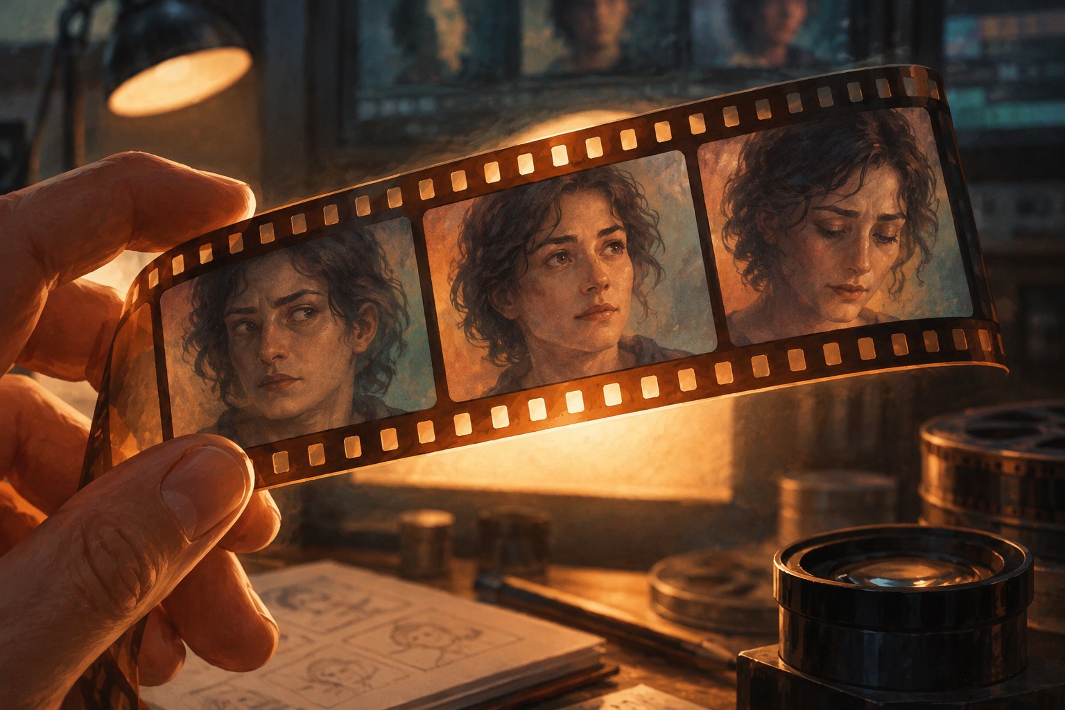 Conceptual illustration of a hand holding a film strip with three changing expressions on the same fictional face.