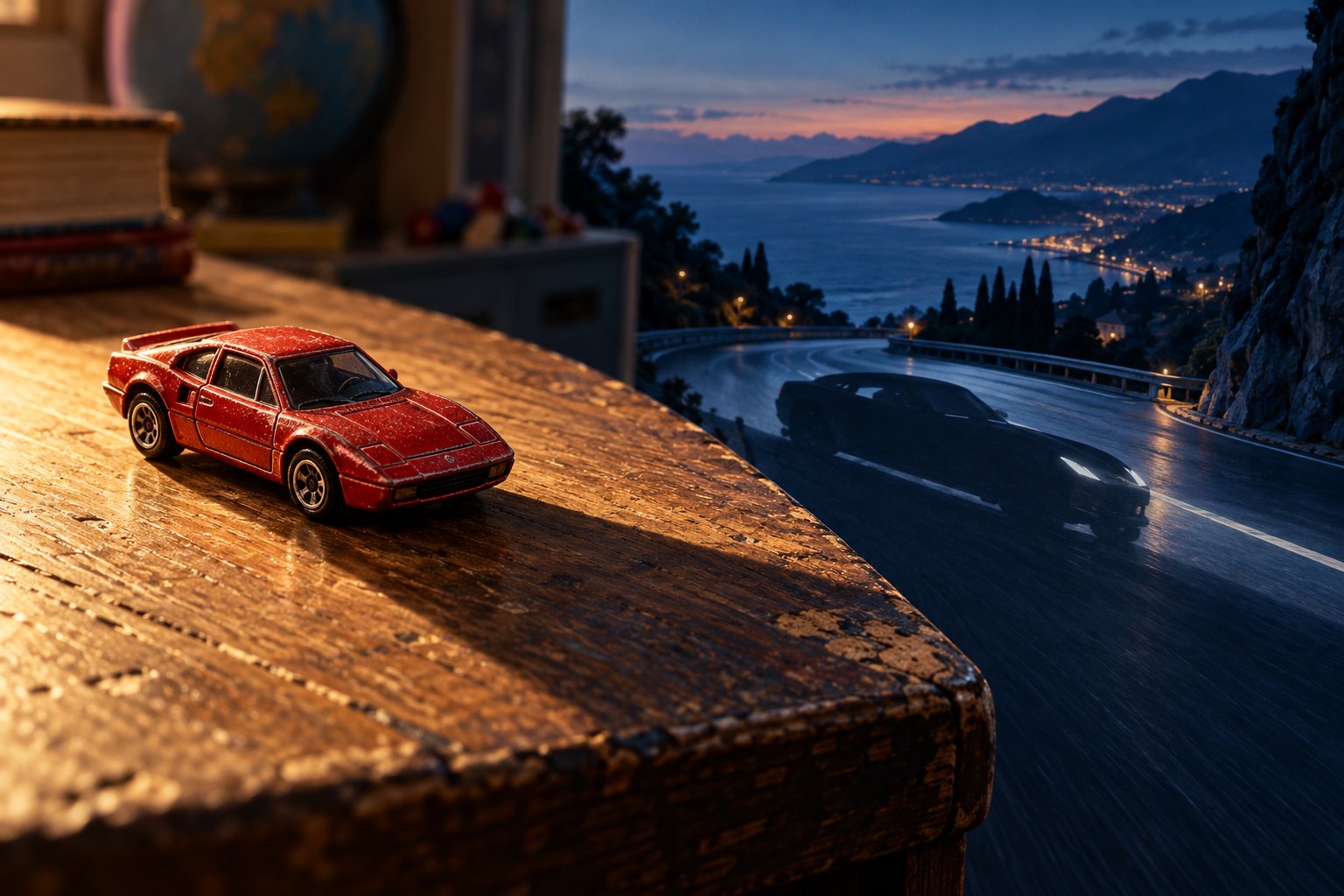 Conceptual illustration of a red toy sports car on a wooden table beside an imagined full-size car on a coastal road at dusk.