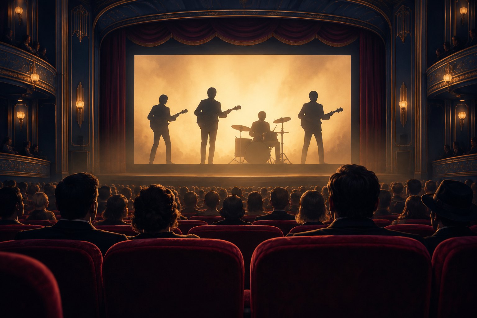 Conceptual illustration of a movie theater with burgundy seats and four musician silhouettes on a glowing screen.
