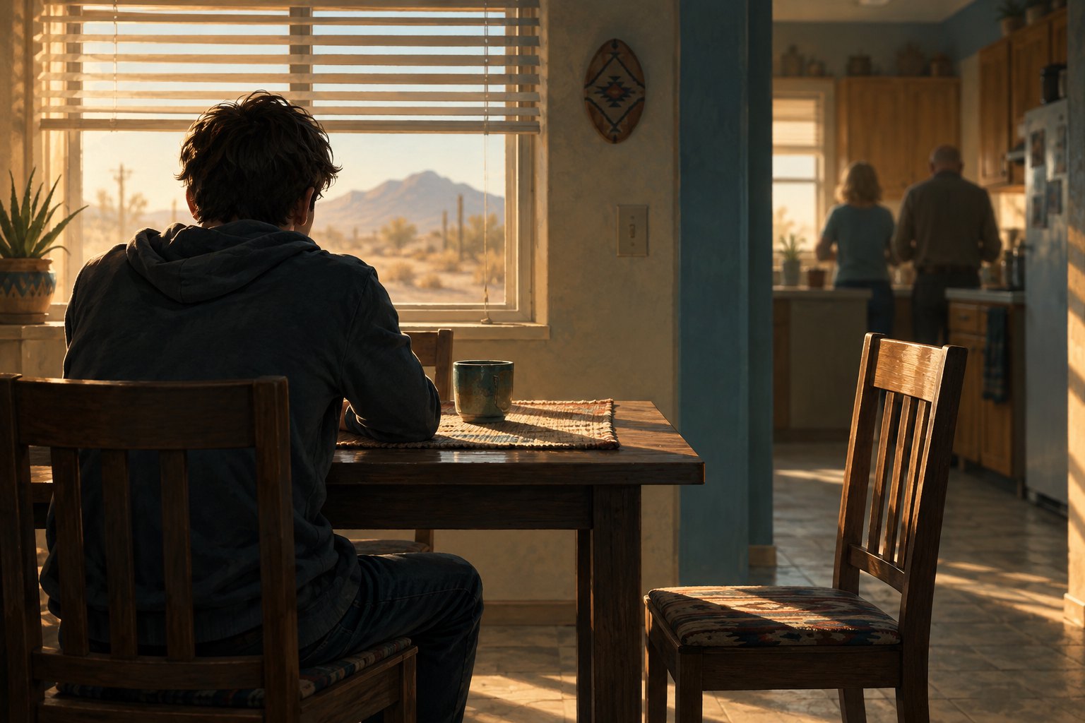 Painterly illustration of a young man seen from behind at a sunlit kitchen table with an empty chair nearby.