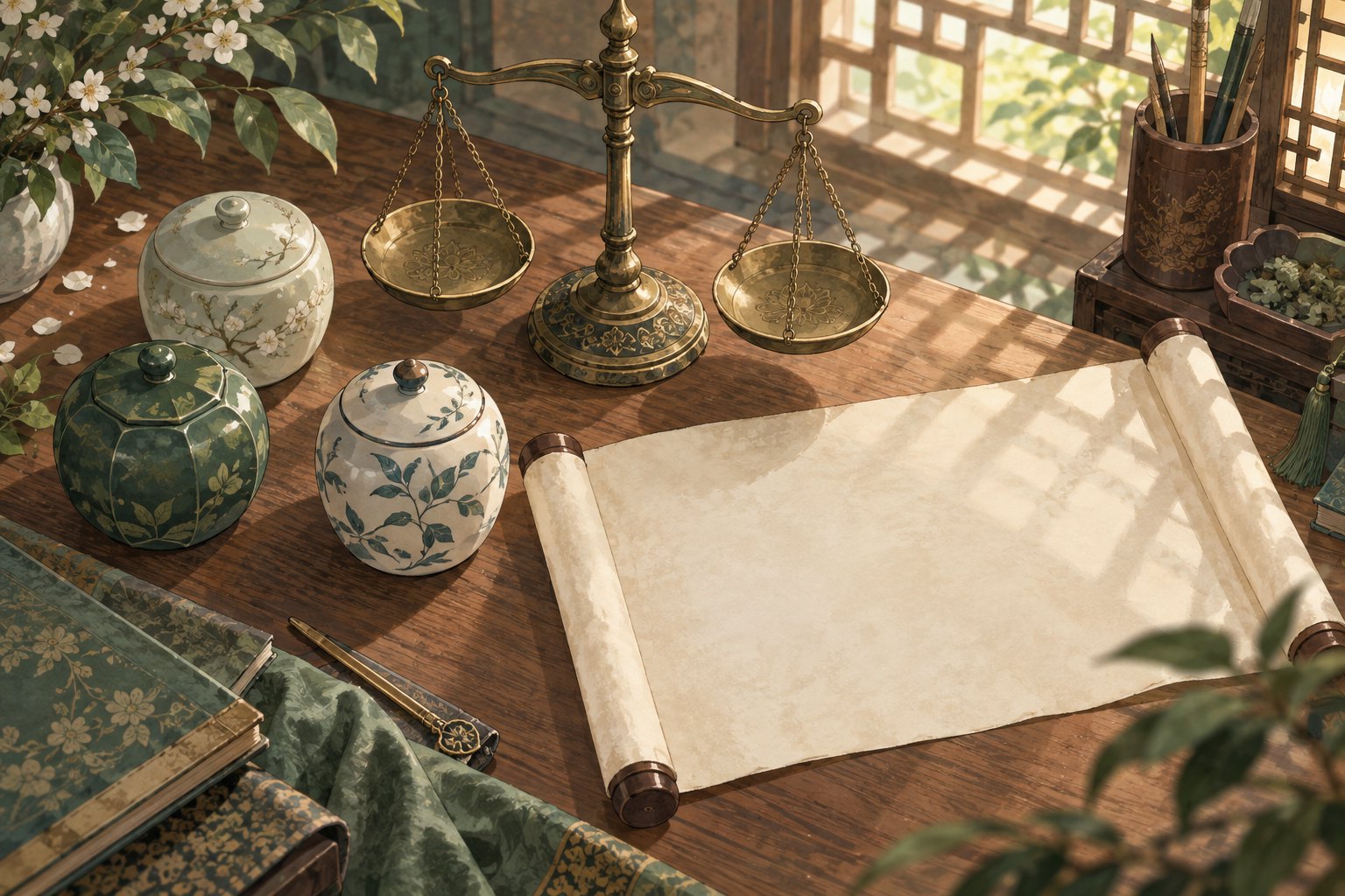Symbolic illustration of a bronze balance scale, three ceramic vessels, and a blank scroll on a sunlit wooden desk.