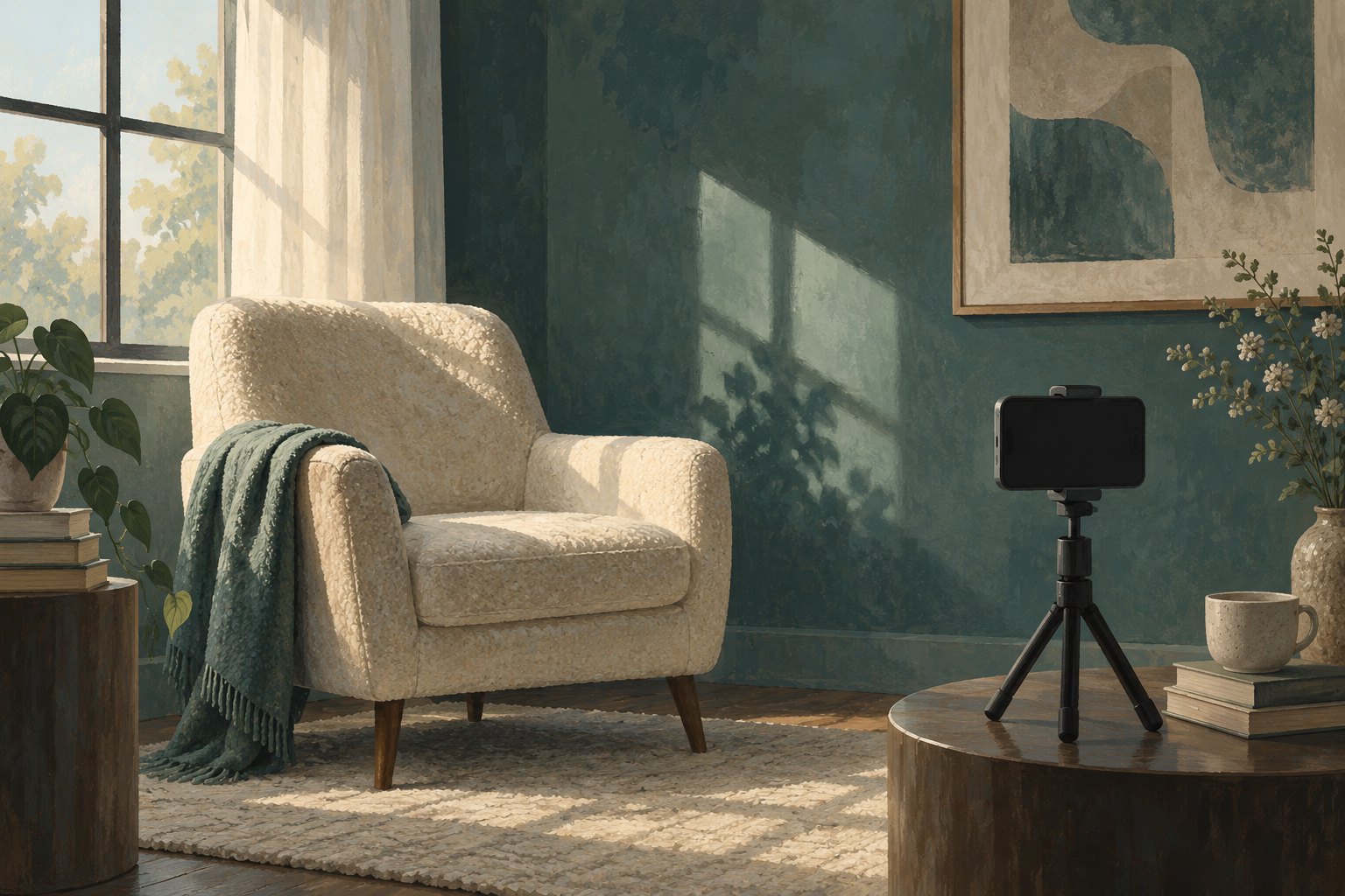 Editorial illustration of an empty cream armchair facing a smartphone on a tripod in a softly lit teal room.