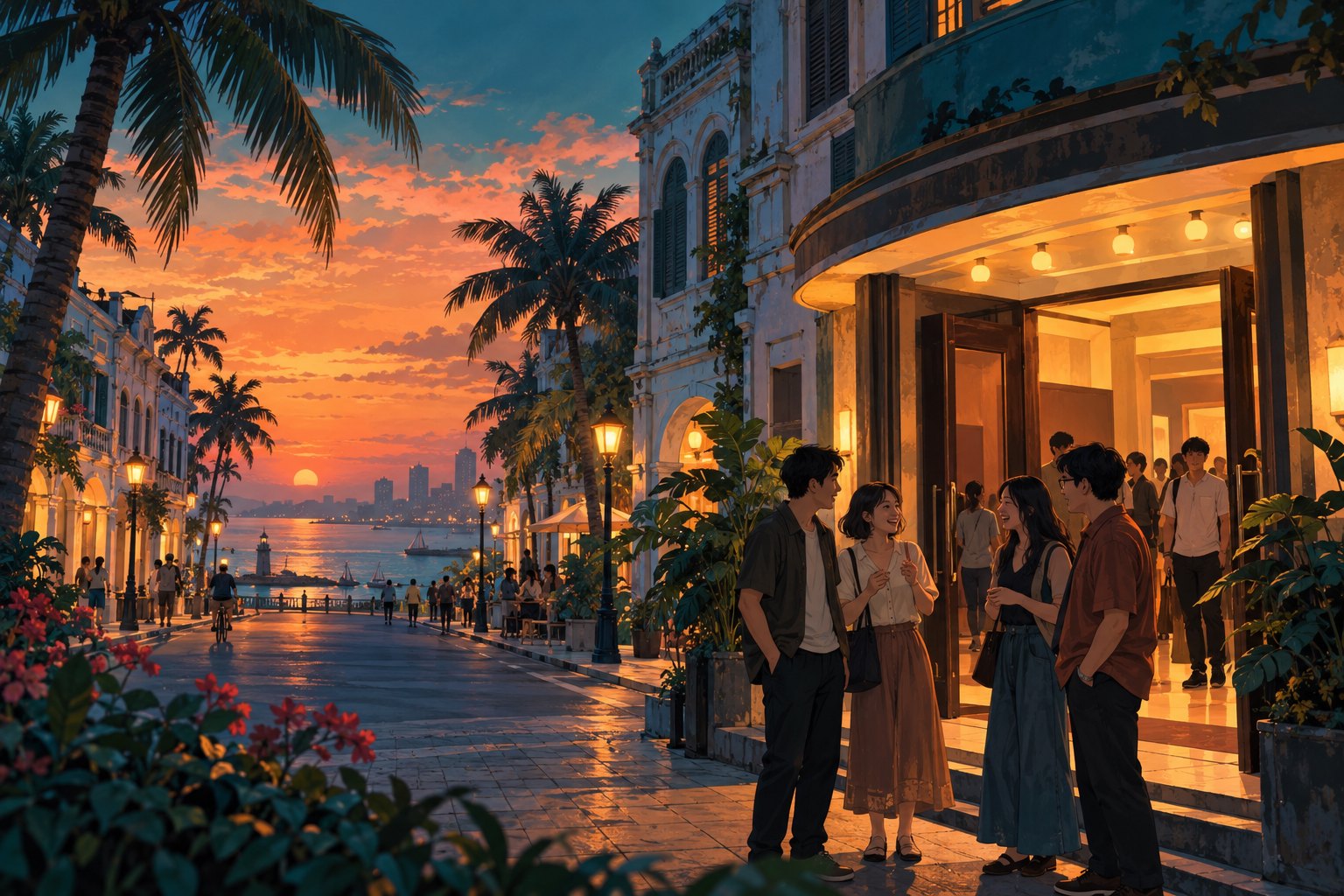 热带骑楼街景中，观众在暮色里的影院门外交谈，概念插画