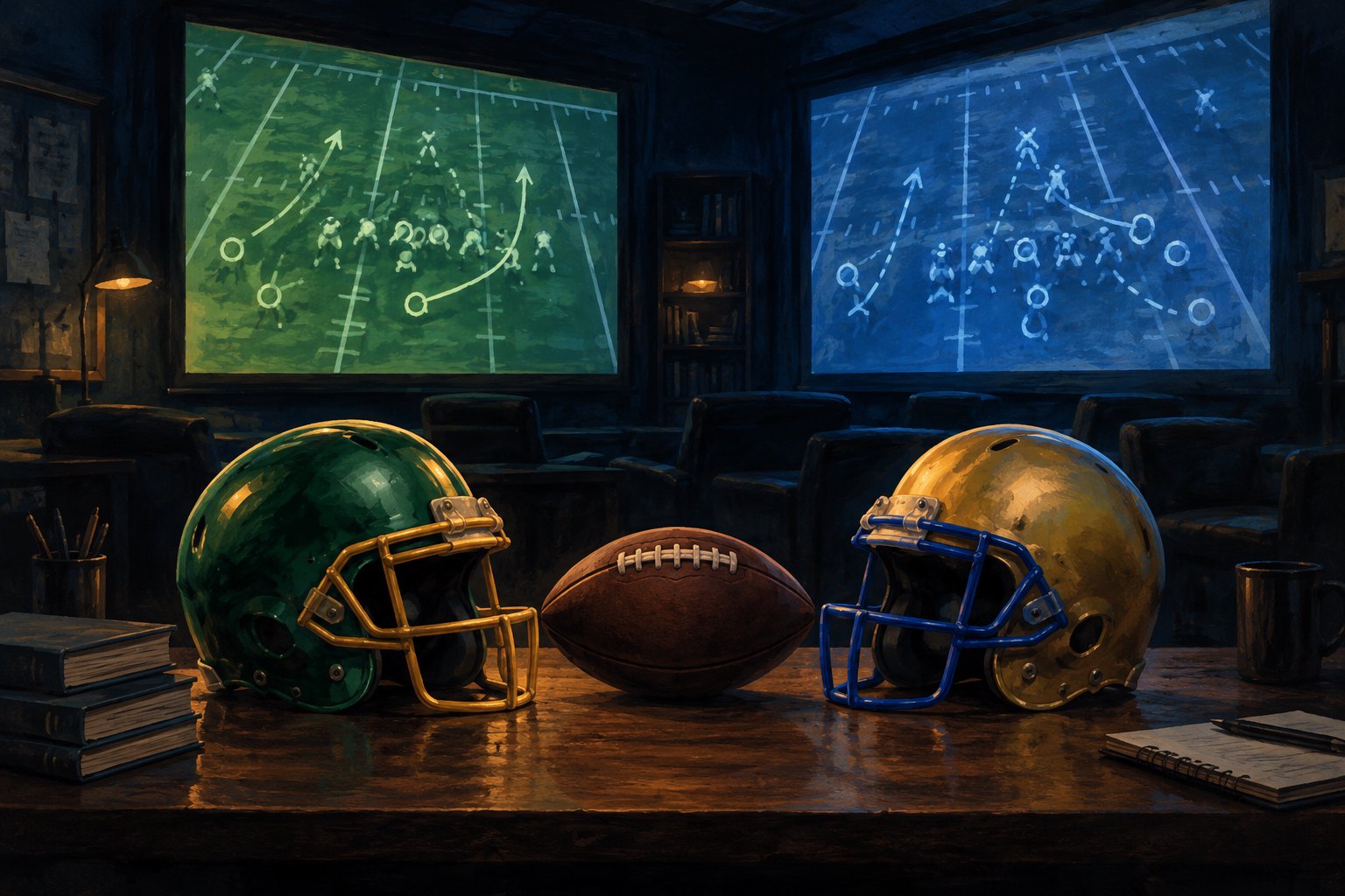 Conceptual illustration of two football helmets and a football beneath projected field diagrams in a dark film room.