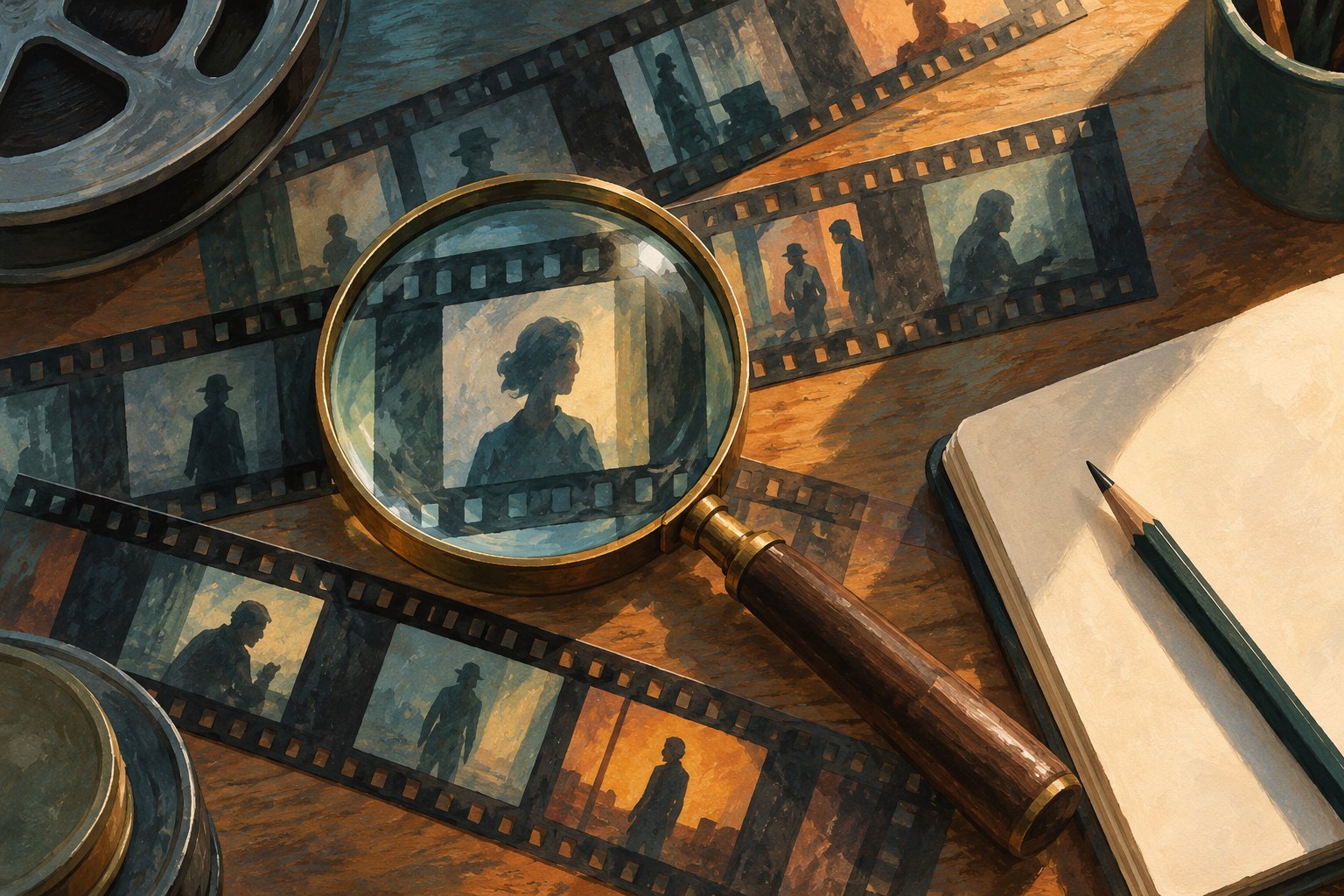 Illustration of a magnifying glass over film strips with abstract human silhouettes beside a blank notebook.