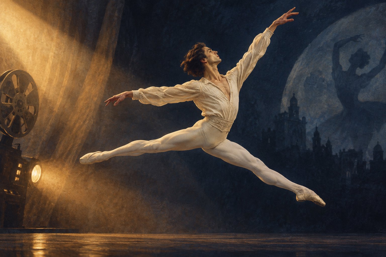 Painterly illustration of a male ballet dancer leaping across a dark blue stage beside an amber-lit film projector.