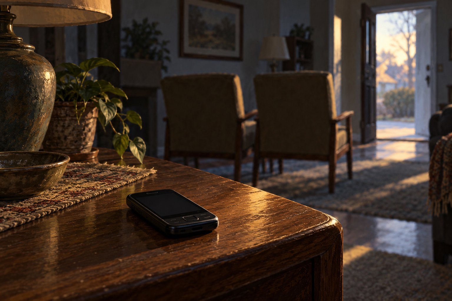 Conceptual illustration of a mobile phone on a wooden table, with two empty chairs and an open doorway behind it.