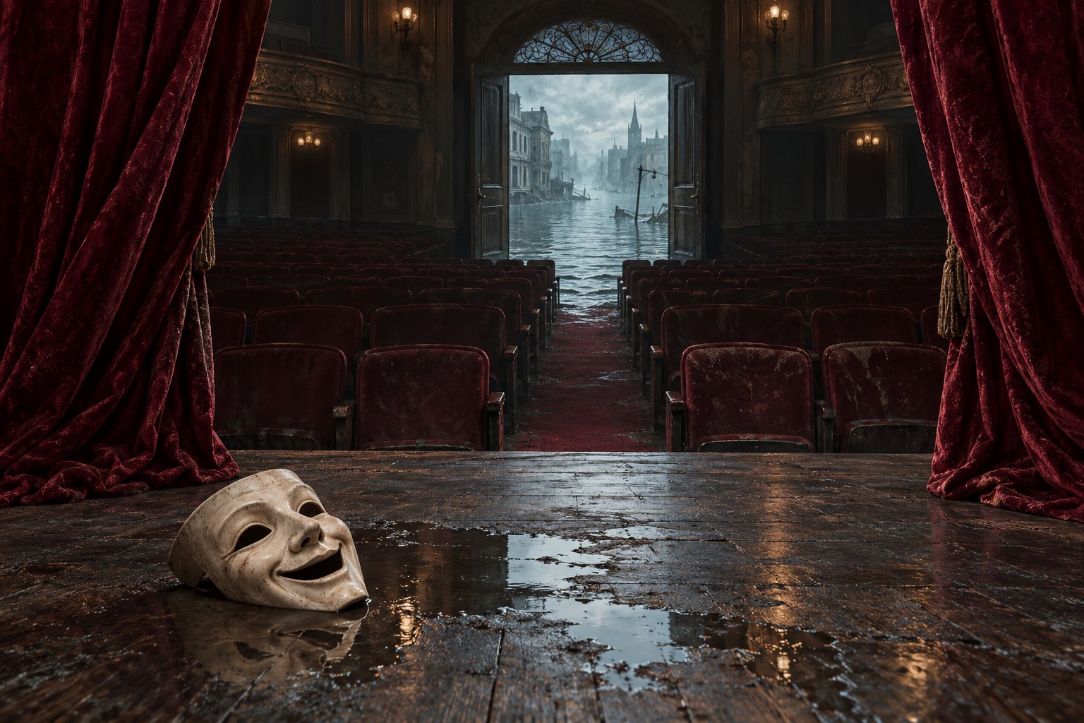 Conceptual illustration of a comedy mask on a theater stage, with empty seats and a flooded city beyond the open doors.