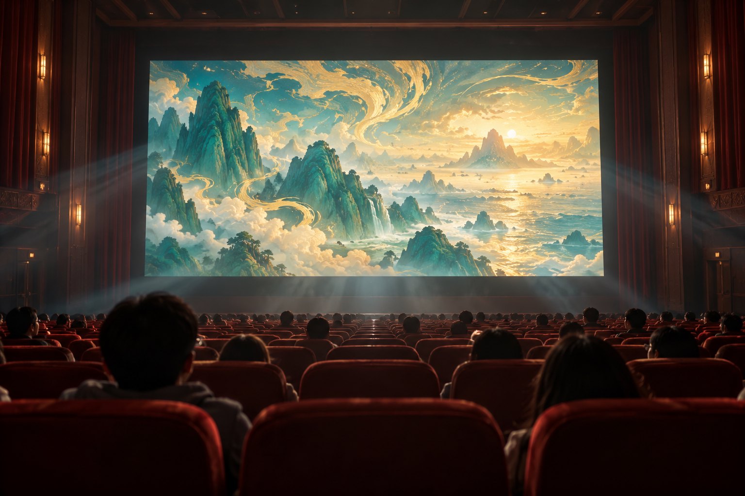 观众坐在红色座椅间,观看银幕上的青绿山海与金色云霞主题插画