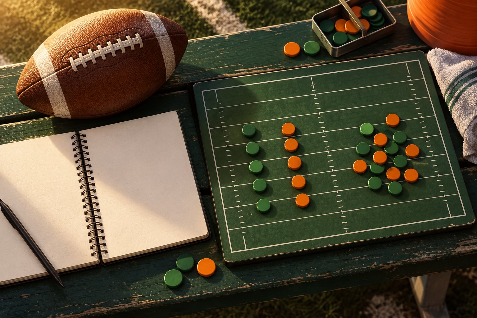 A football and blank notebook beside green and orange counters arranged on a miniature field on a wooden bench.