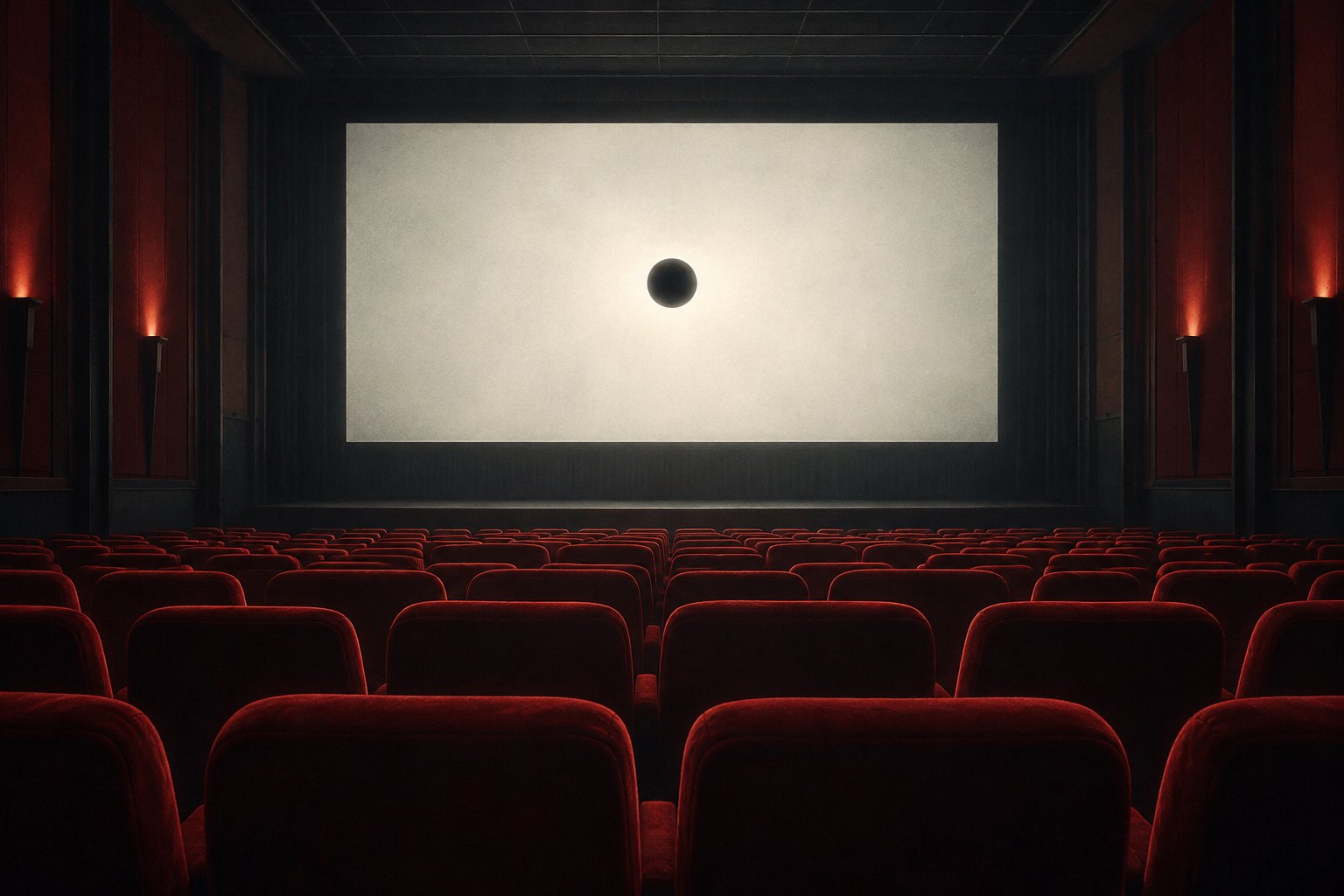 Conceptual illustration of an empty red-seated cinema facing a bright screen with a small dark circle.