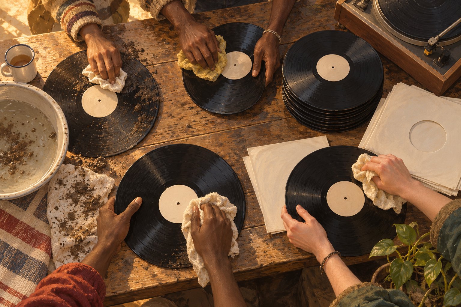 Original illustration of friends carefully cleaning muddy vinyl records together around a wooden table.