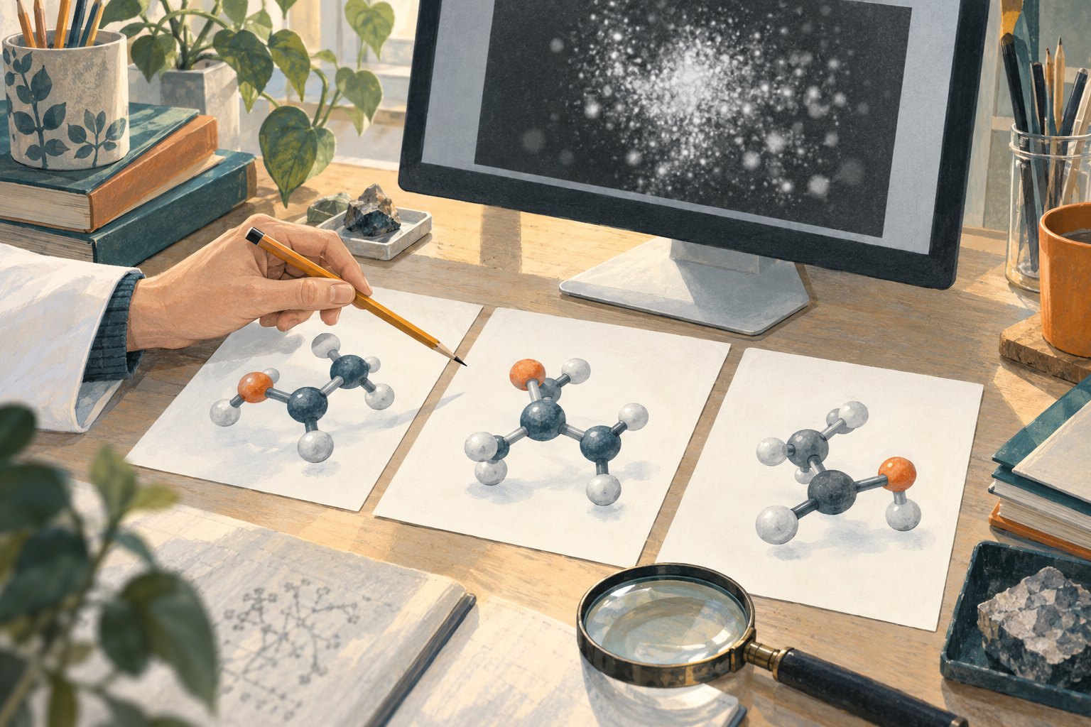 手持铅笔的人对照桌上分子模型图卡与屏幕粒子图，示意科学影像的阅读，不代表本次研究现场
