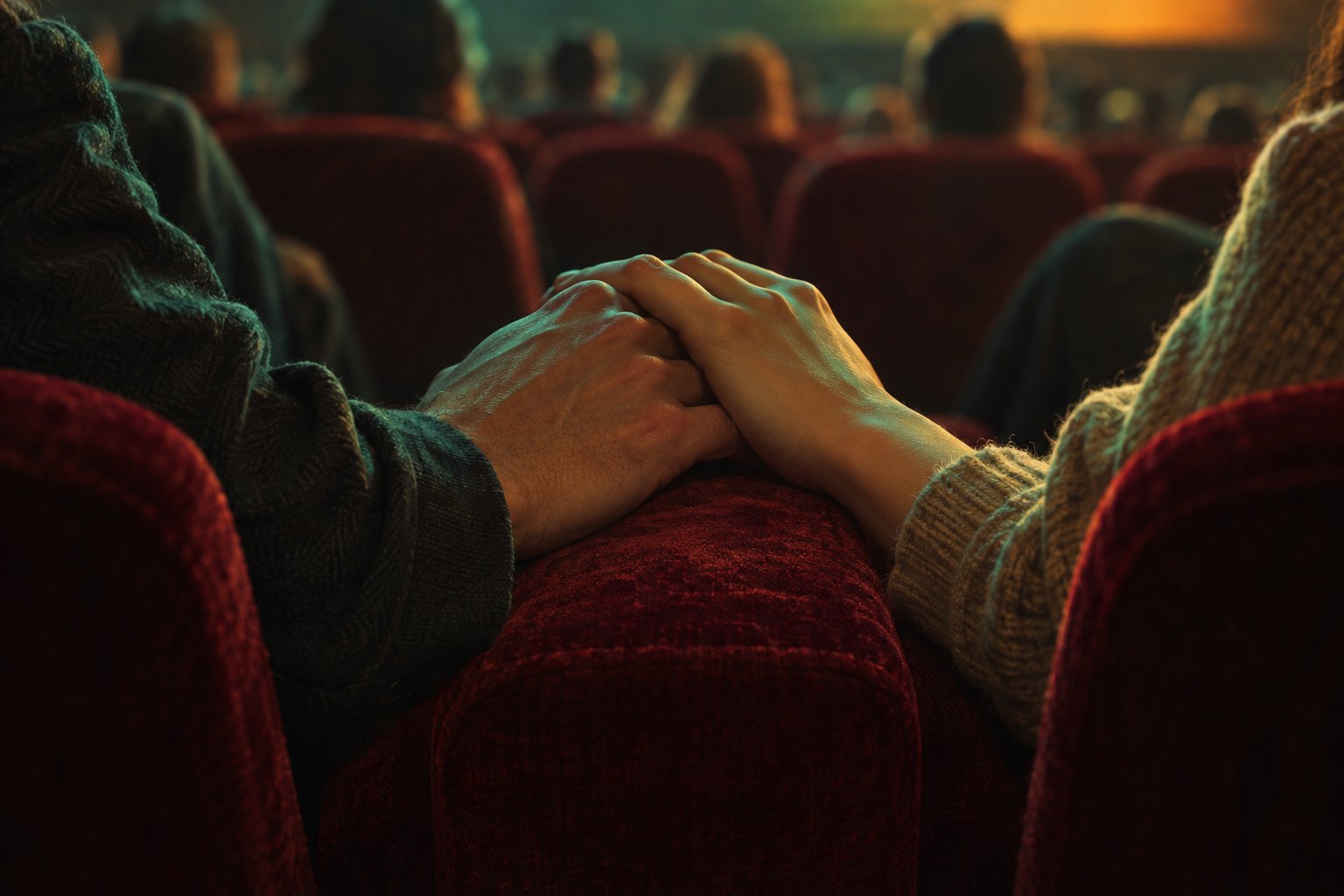Conceptual illustration of two moviegoers holding hands on a red velvet armrest under green and golden screen light.
