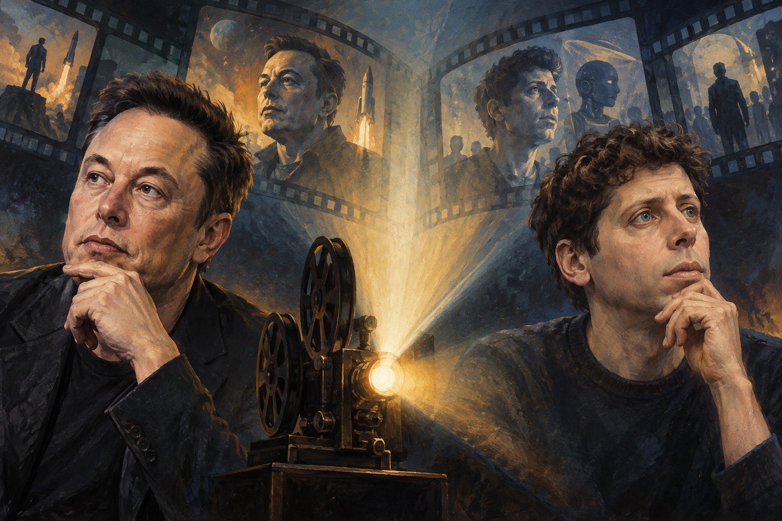 Painted portraits of Elon Musk and Sam Altman beside a glowing film projector and imagined cinematic frames.