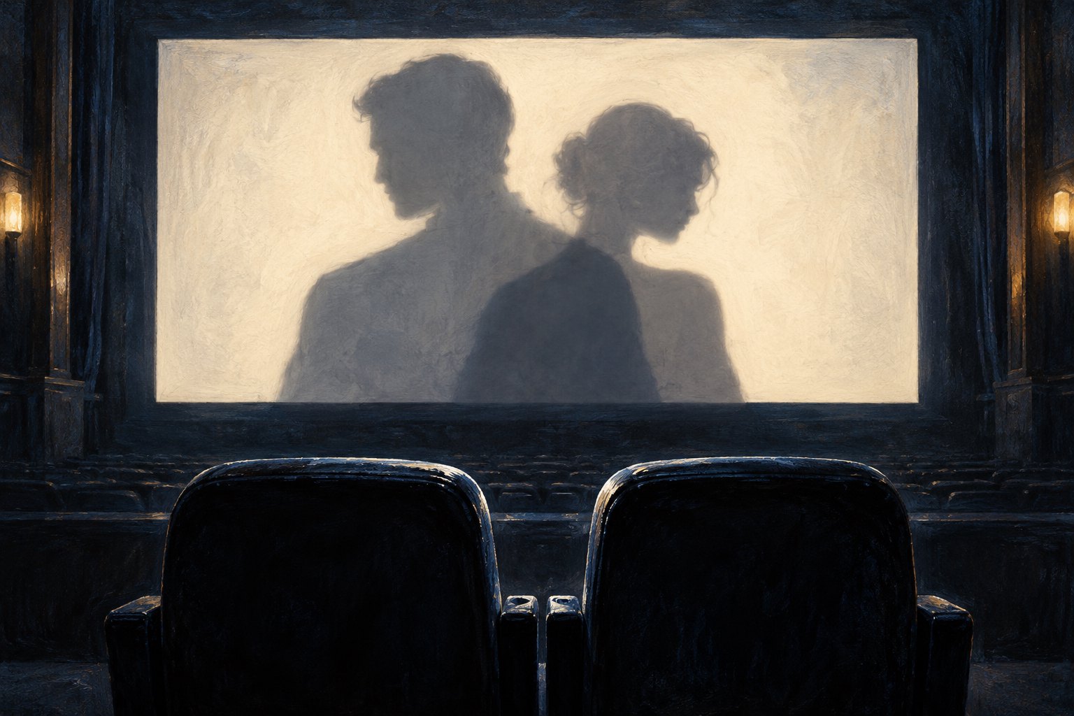 Conceptual illustration of empty cinema seats facing a luminous screen with two overlapping human shadows.
