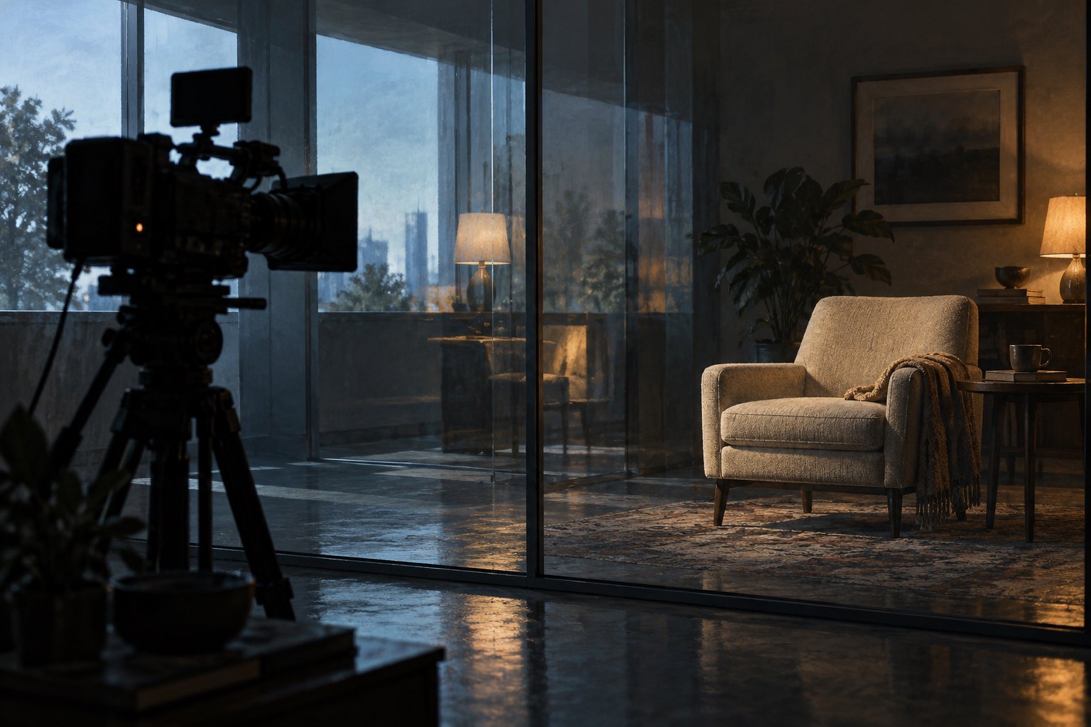 Conceptual illustration of a cinema camera facing an empty armchair through reflective glass.