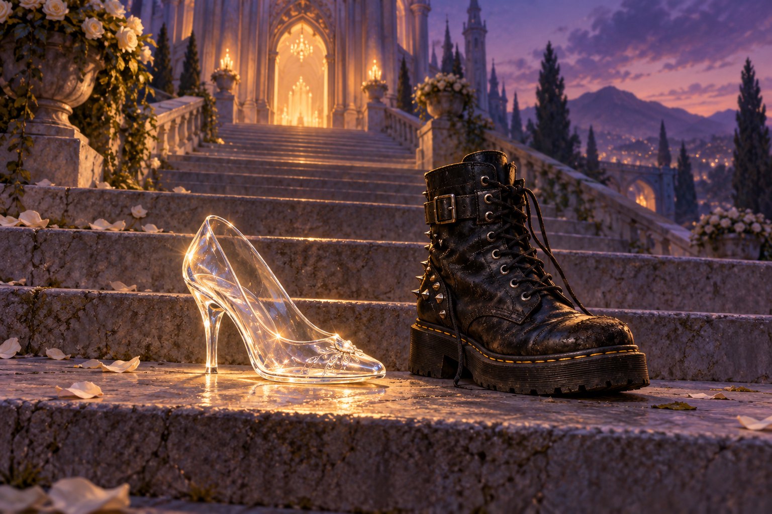 Symbolic editorial illustration of a glass slipper and a black punk boot on palace steps at dusk.