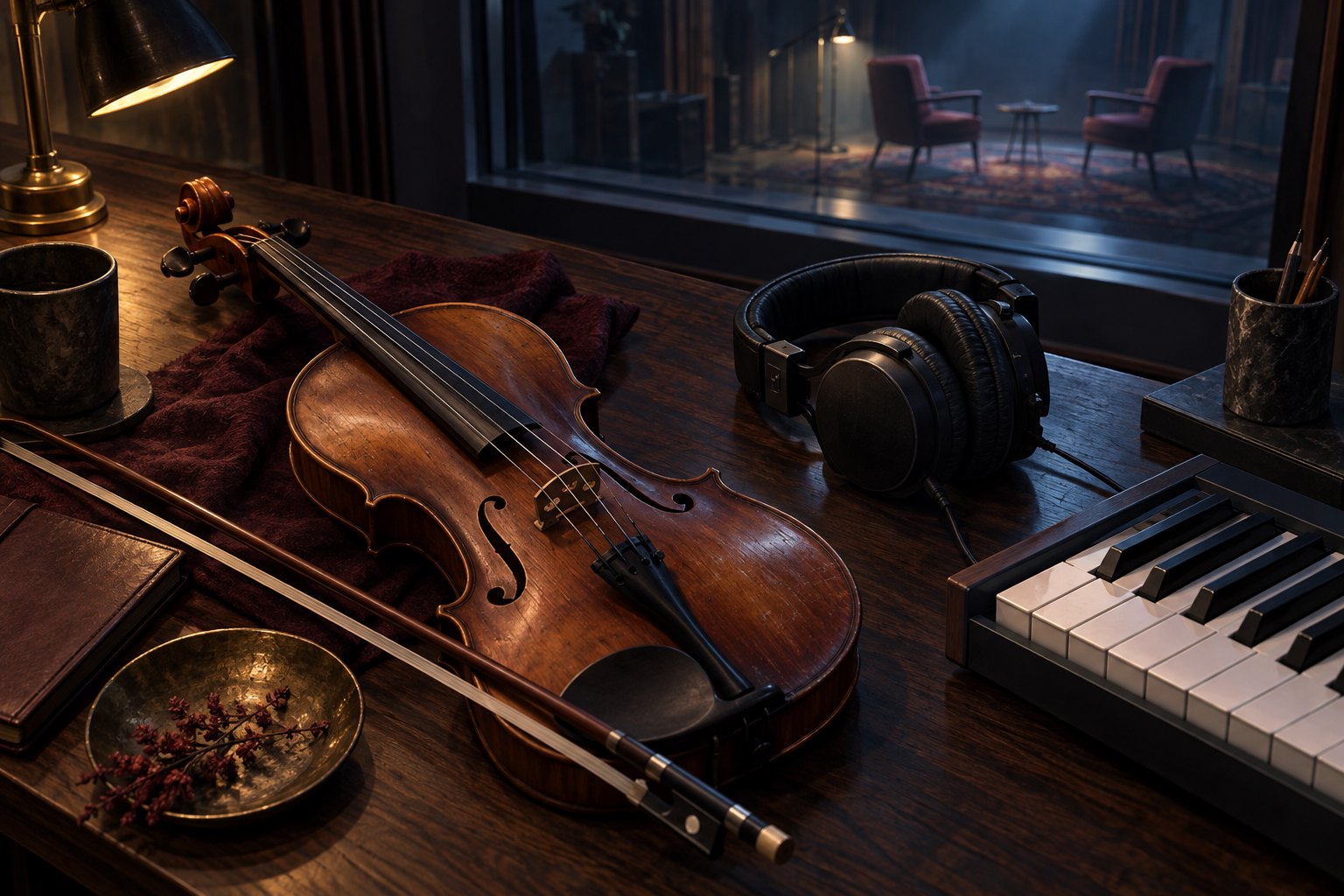Conceptual illustration of a violin, bow, headphones, and piano keyboard on a wooden desk beside a studio window.
