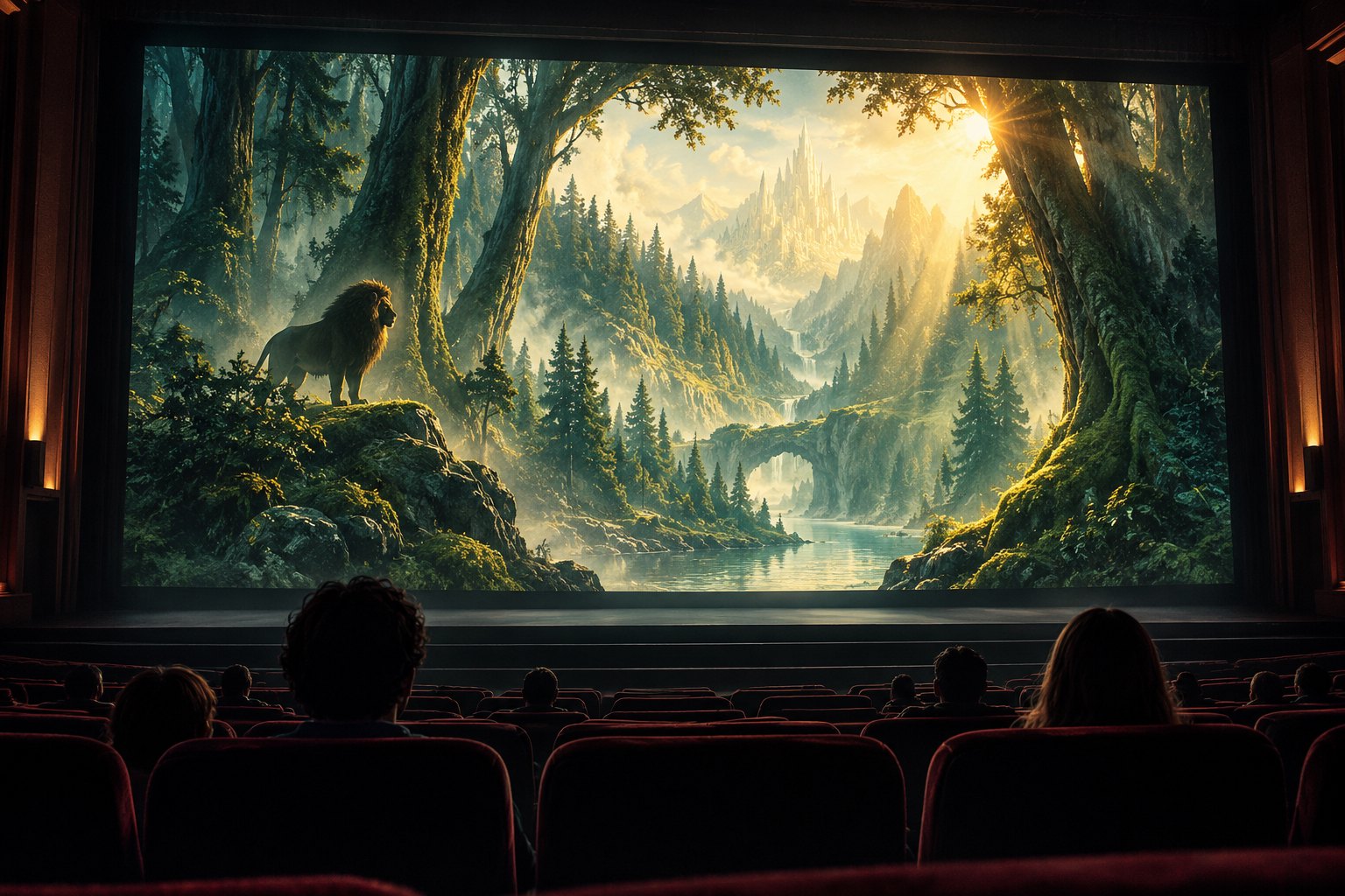 Conceptual illustration of moviegoers watching a vast cinema screen filled with a luminous fantasy forest and a lion.