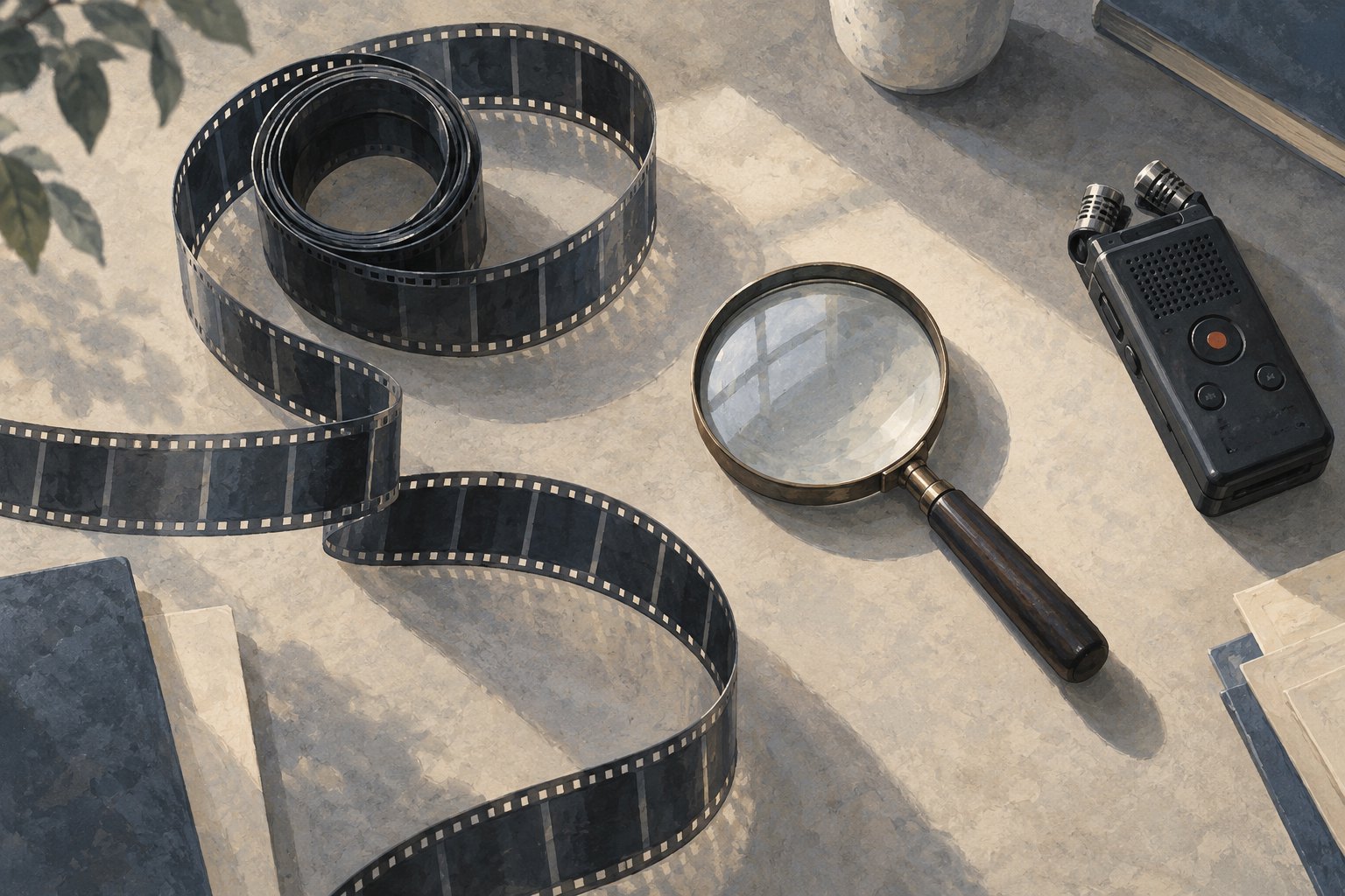 Conceptual illustration of coiled film, a magnifying glass, and an audio recorder on a softly lit desk.