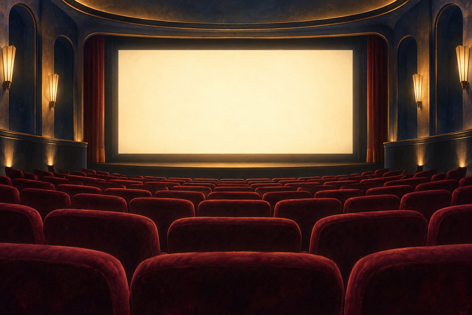 Illustration of burgundy cinema seats facing a blank illuminated screen beneath warm golden lights.