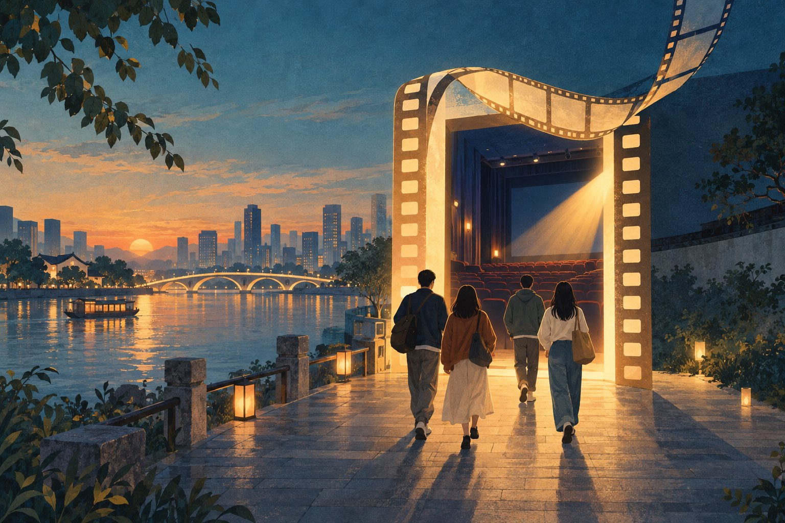 概念插画:暮色中的滨水步道上,观众走向胶片造型的发光剧场入口