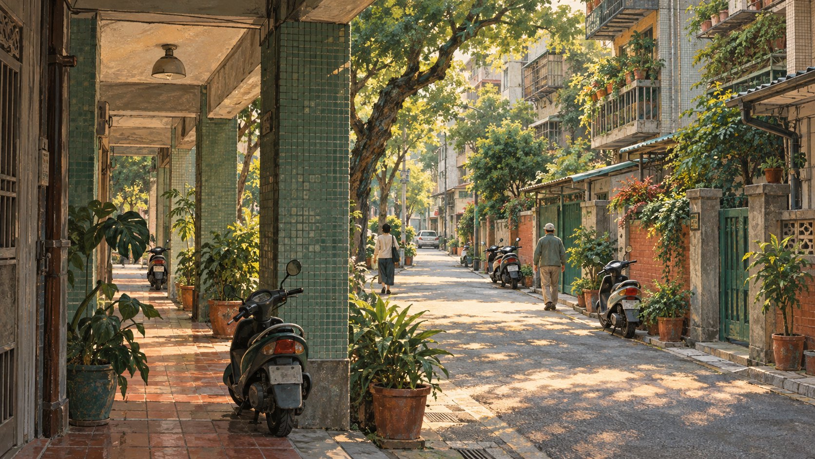 午後陽光灑進騎樓與綠蔭巷弄,行人走過停有機車的街道,原創概念插畫,非電影取景紀錄。