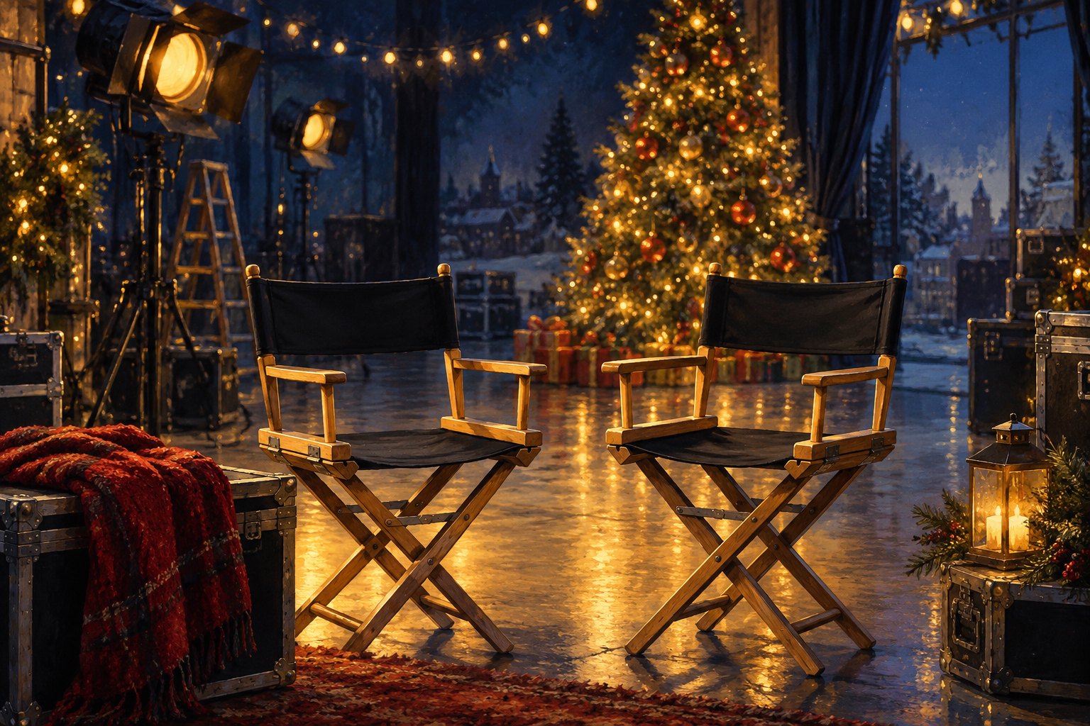Concept illustration of two empty director chairs on a warmly lit film set decorated with a Christmas tree.