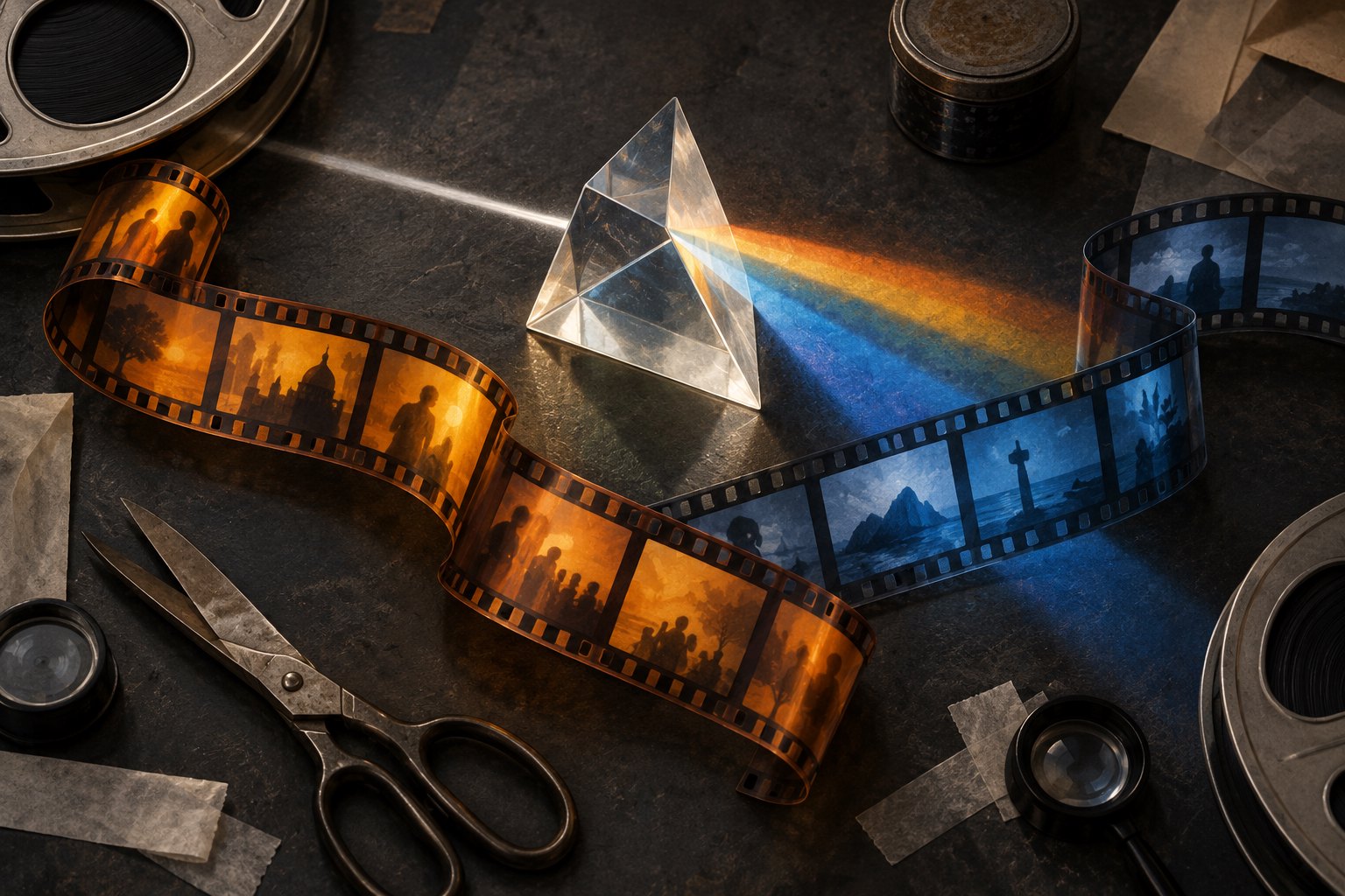 Conceptual illustration of a glass prism casting colored light across curling film strips on an editing table.