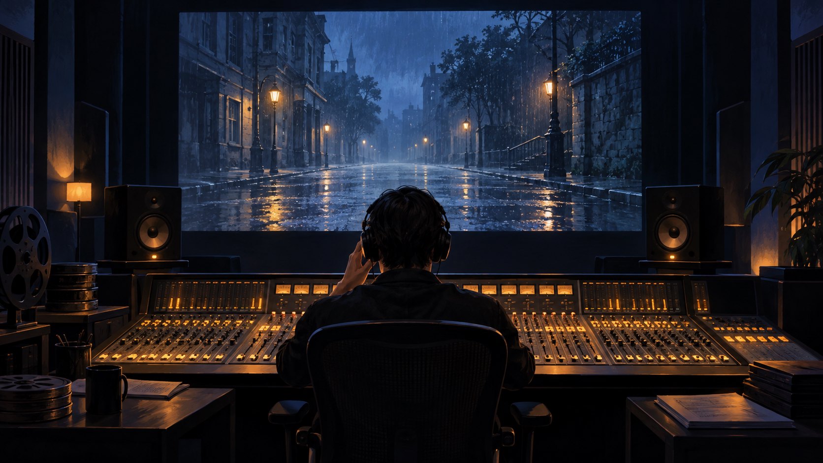 原創概念插畫：混音工作者坐在控制台前，面向映出雨夜街道的銀幕，非活動現場紀錄。
