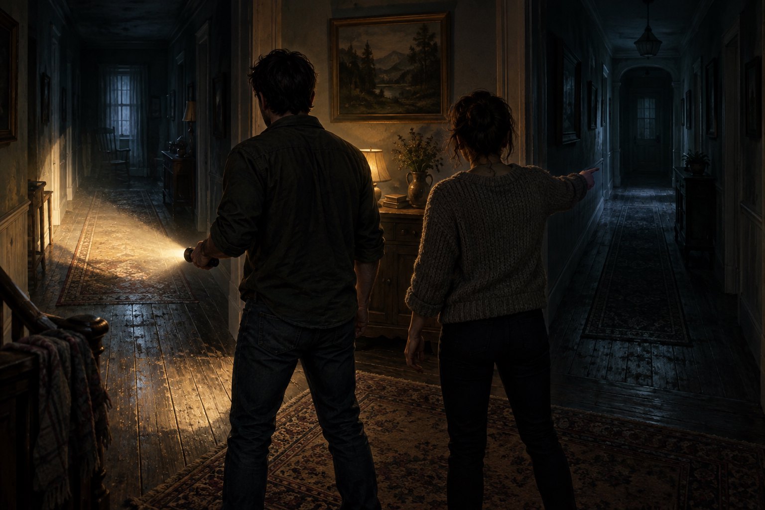 Two adults face separate dark hallways in an old house, with one holding a flashlight and the other pointing.