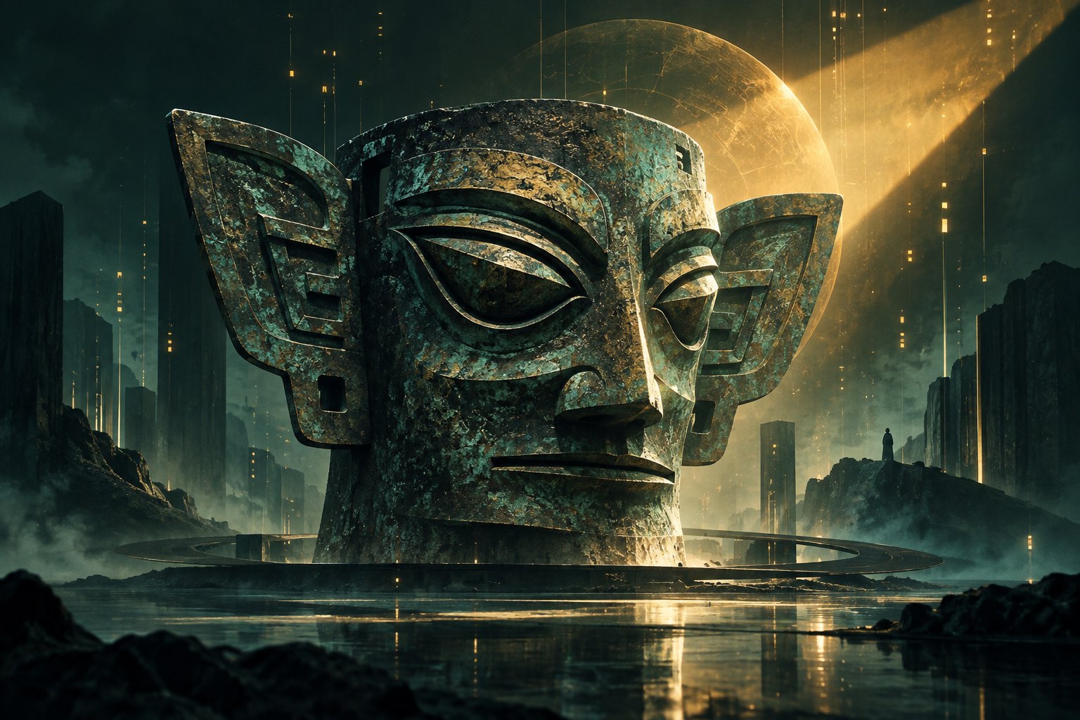 青铜面具意象置于金色光束与深青色幻想空间中的原创概念插画，非影片剧照