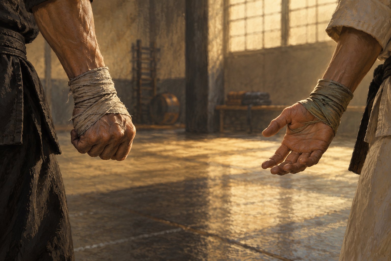 Conceptual illustration of two martial artists’ wrapped hands, one clenched and one open, in a softly lit training room.