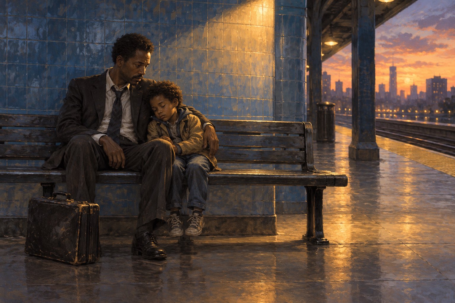 Conceptual illustration of a tired father in a business suit holding his resting son on a transit station bench at dusk.