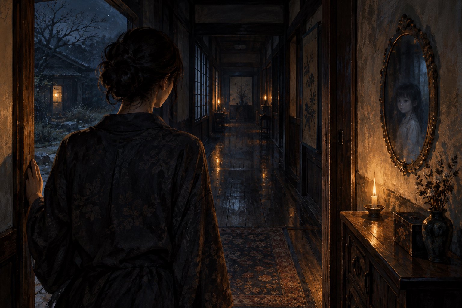 Original illustration of a woman entering a dark wooden hallway while a young girl's spectral reflection appears in a candlelit mirror.