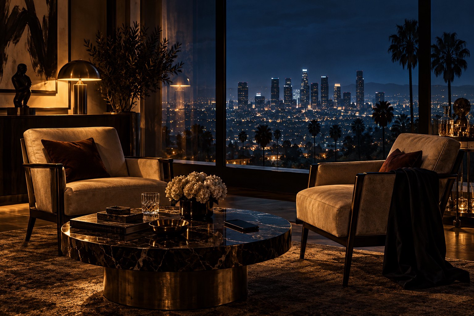 Conceptual illustration of two empty armchairs and a phone in a warmly lit room overlooking Los Angeles at night.