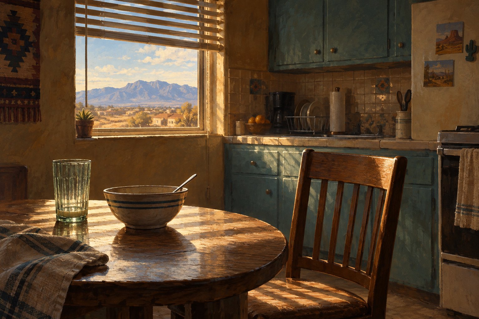 Painterly illustration of an empty chair beside a breakfast bowl and glass in a sunlit Southwestern kitchen.