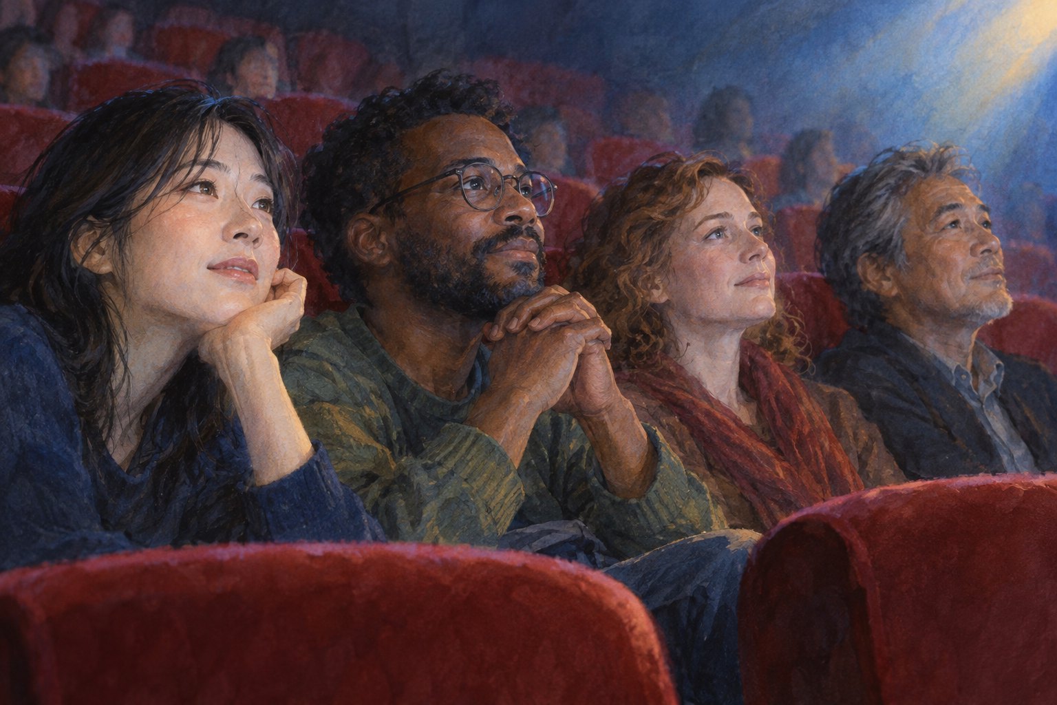 跨文化观影主题插画：不同年龄与肤色的观众在影院中安静注视银幕