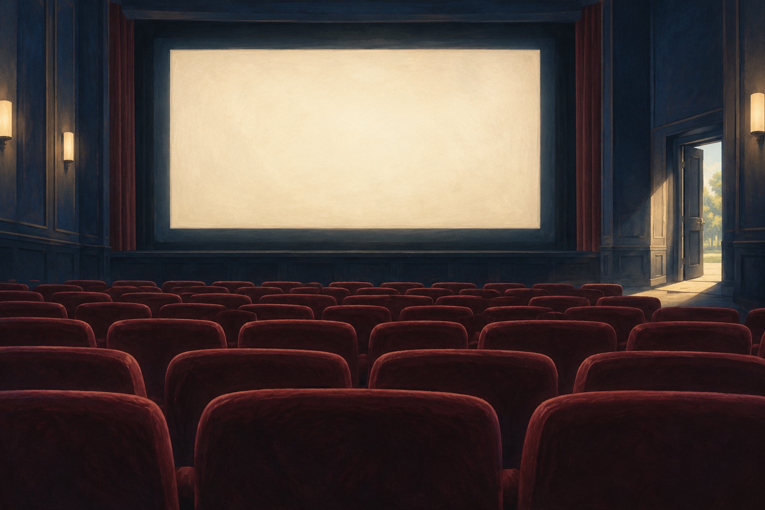 Editorial illustration of an empty cinema with burgundy seats, a blank illuminated screen, and daylight entering through a doorway.
