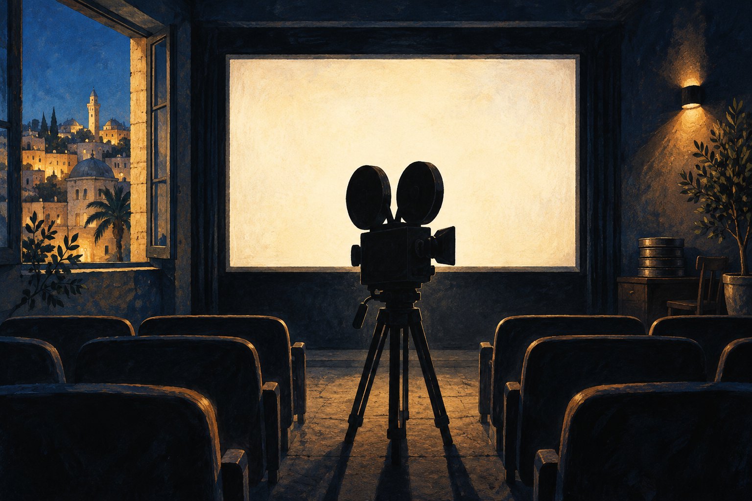 Editorial illustration of a film camera facing a luminous cinema screen beside a window overlooking a Mediterranean city.