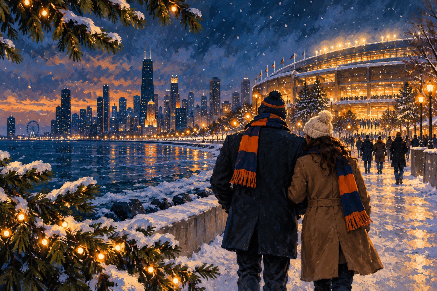 Illustration of a bundled couple beside a snowy Chicago waterfront, with a glowing football stadium and holiday lights.