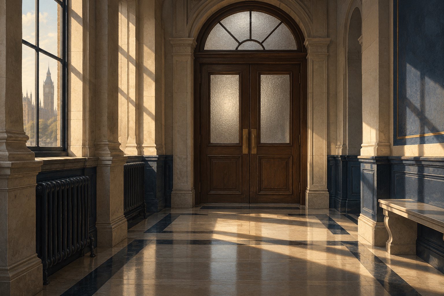Conceptual illustration of closed wooden courtroom doors in an empty, sunlit stone corridor.